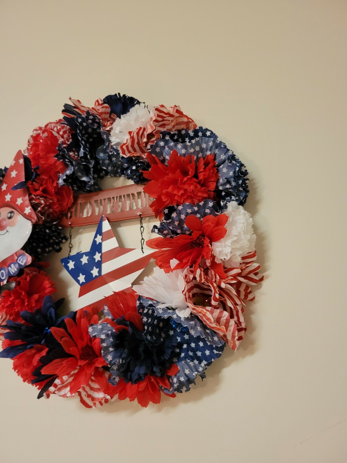 Welcome IN GOG WE TRUST red white blue burlap Door WREATH patriotic 4th of July