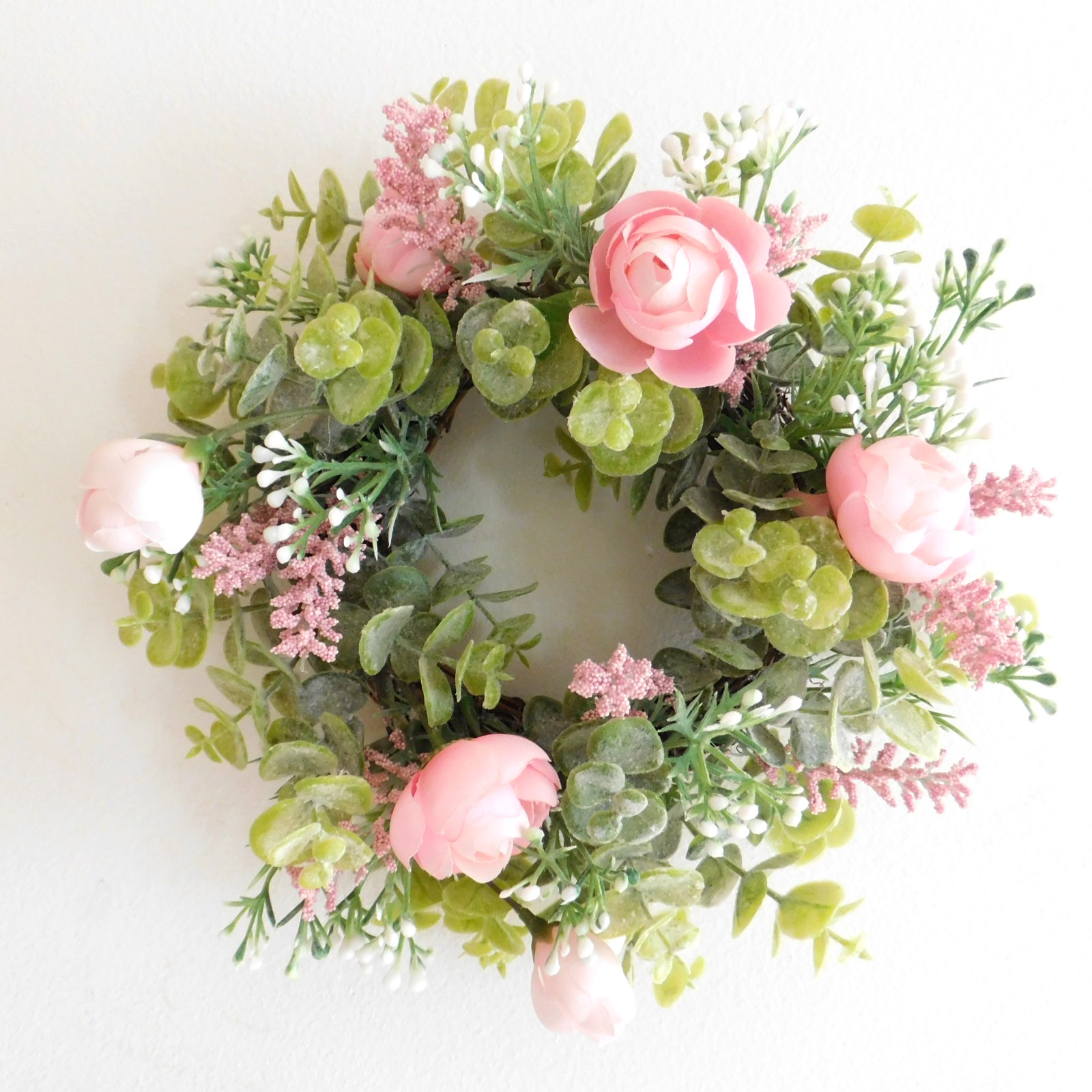 Dusty Miller Mini Wreath, Eucalyptus, Pink Flowers, Candle Ring