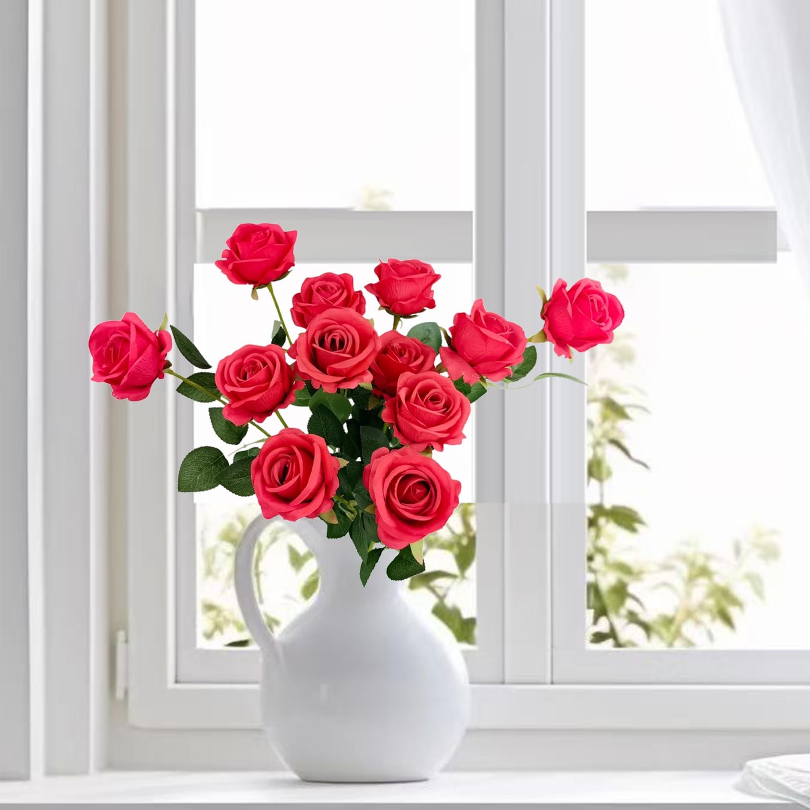 12PCS Fake Red Roses Artificial Red Flowers Bulk, Silk Faux Roses with Stems for
