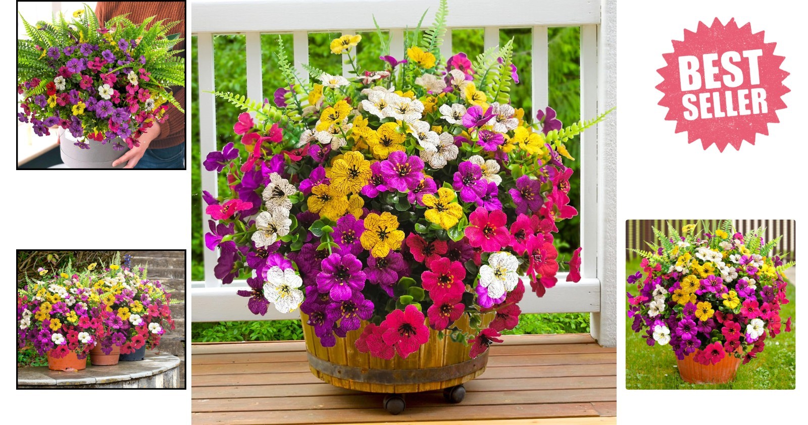 Multi-Season Colorful Faux Flower Bundles – 16 UV Protected Plants for Outdoors
