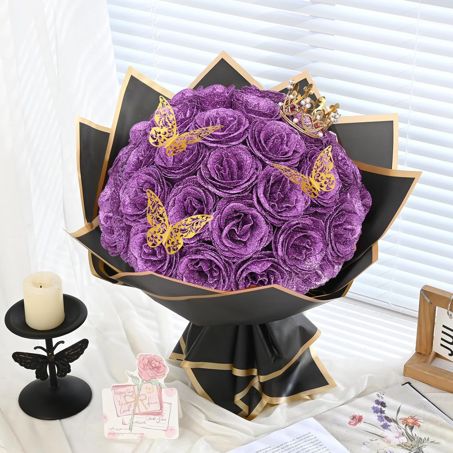 24 Lilac Glitter Roses Bouquet, DIY Fake Flowers, Everlasting, Valentines, Gift