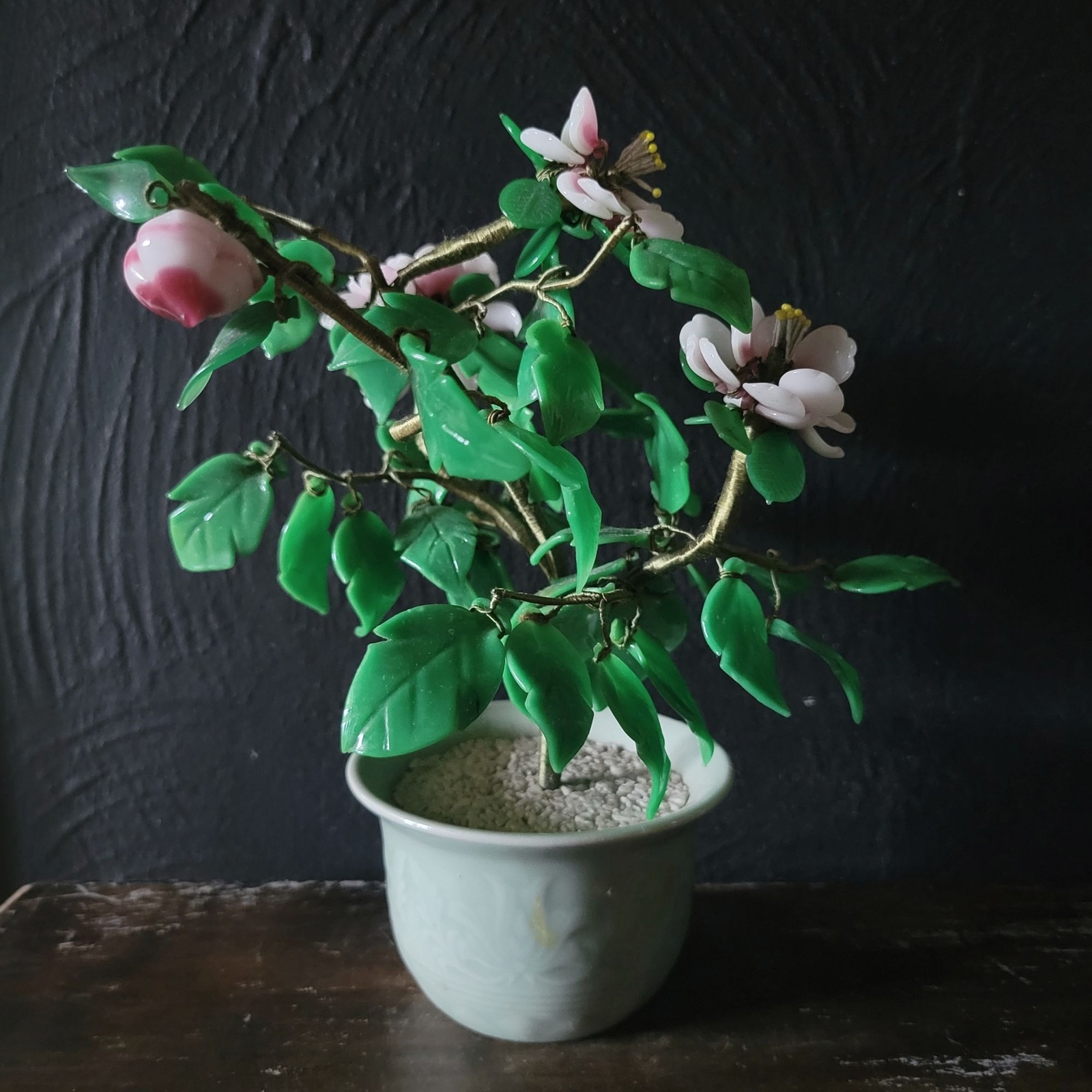 Vtg Glass Pink Flower Bonsai In Celadon Pot, Chinoiserie Flower, Asian 9 Inches