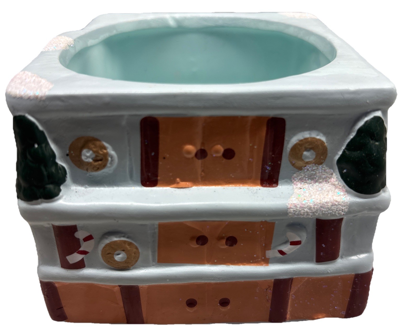 Plant Pot Christmas Baby Blue Gingerbread House Ceramic—SHIPS IN 24 HOURS—4×4 In