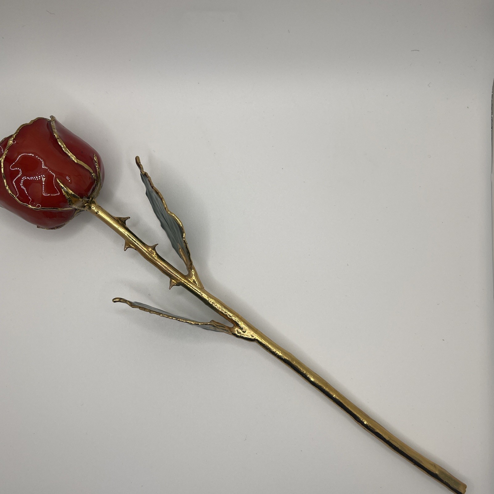Genuine Real Rose Trimmed In 24 Kt. Gold Long Stem Rose Red Rose Green Leaves