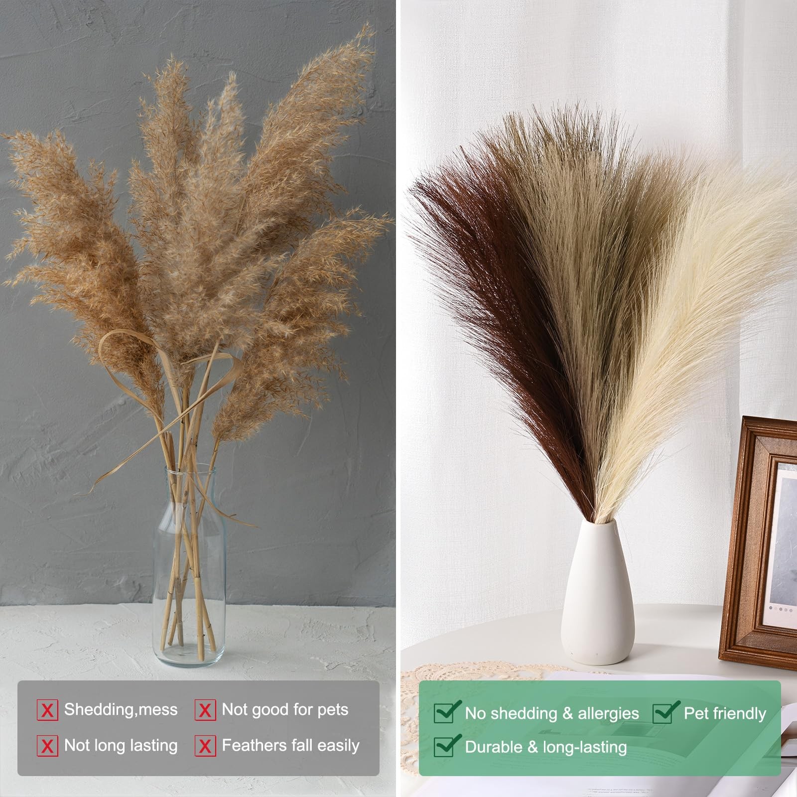 3-Pack Faux Pampas Grass 17.7 Inch/45cm Small 7 Branches Fake Fluffy Pampas G…