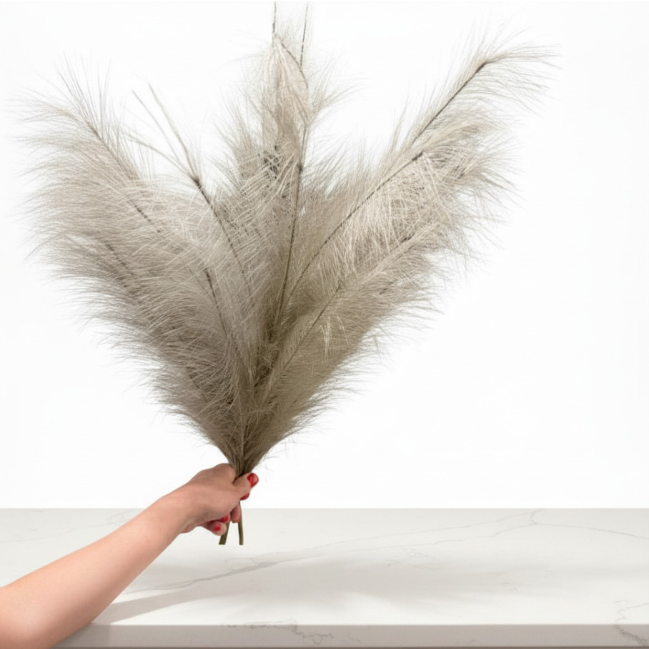 Set of 3 Faux Gray Feather Pampas Stems Coastal Farmhouse Rustic Styles 38″H