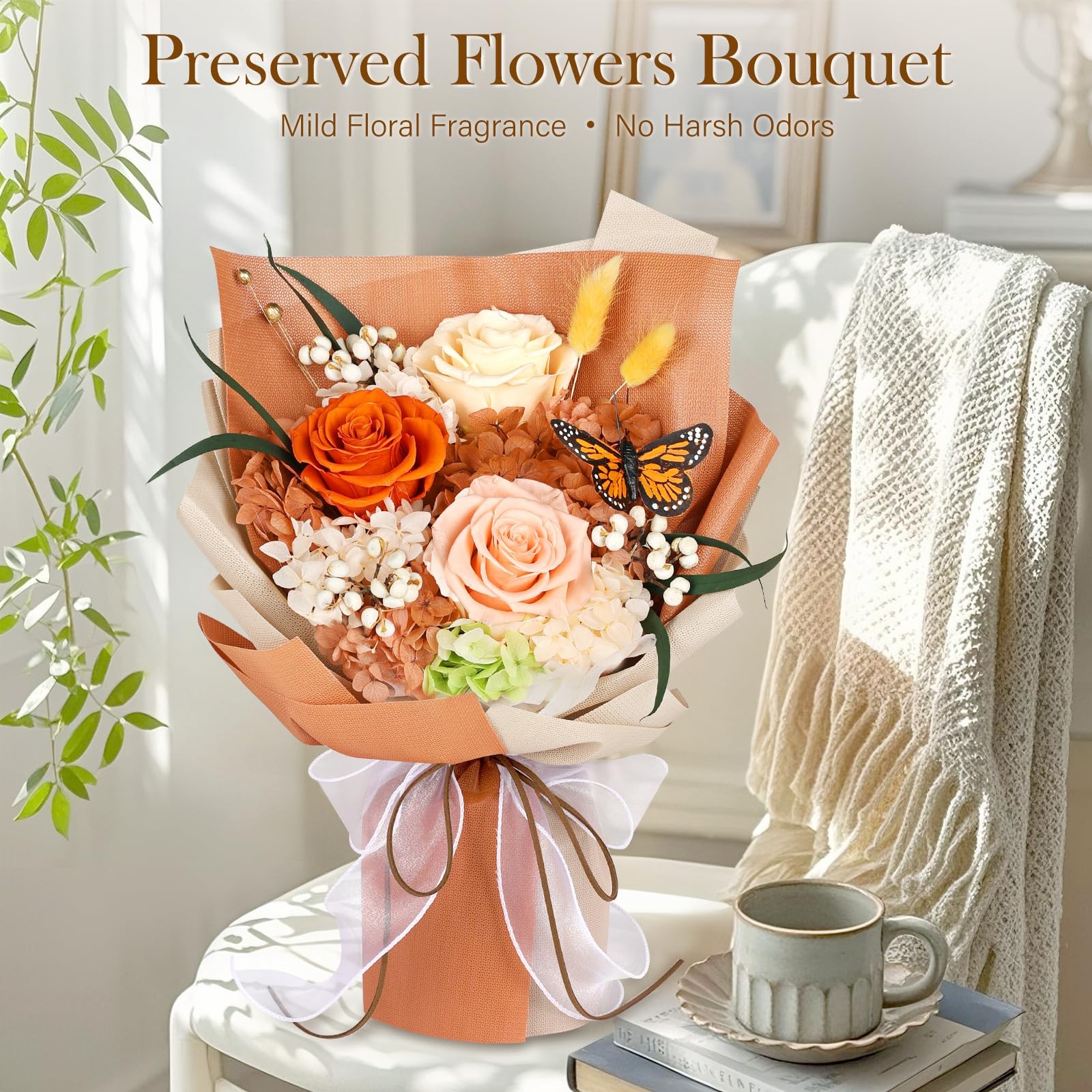 Preserved Flowers Bouquet with Butterfly 3 Roses & Flowers for Delivery, Lon…