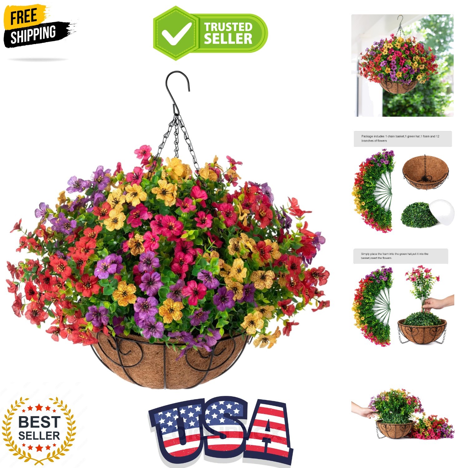 Artificial Faux Hanging Plants Flowers Basket for Summer Outdoor Outside Deco…