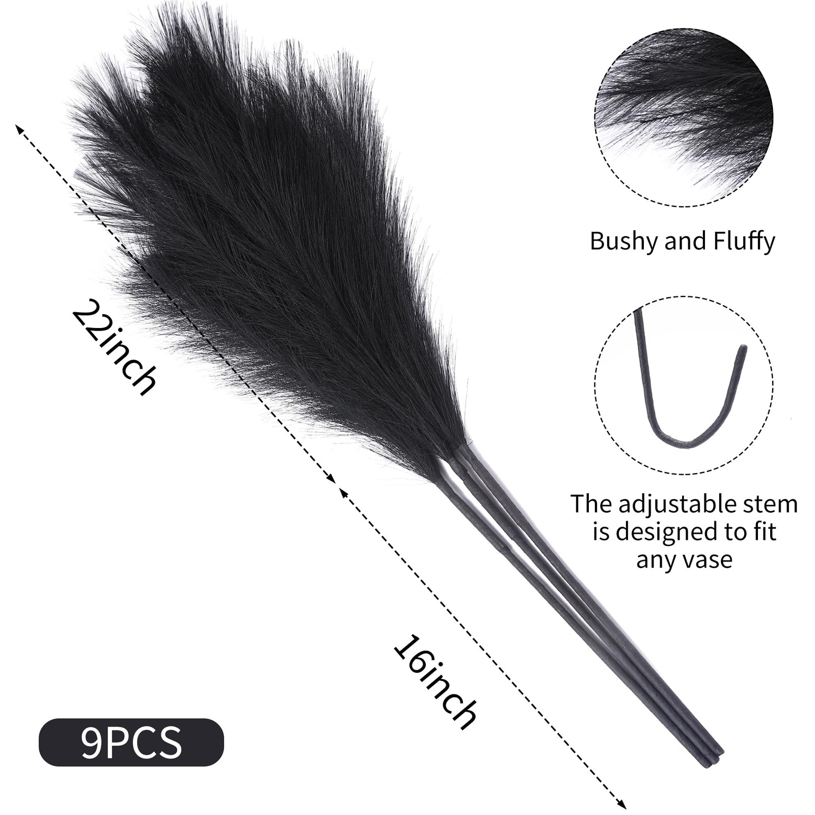 9 Stems Black Pampas Grass – 38 Inch Tall Faux Pompous Grass Decor, Long Arti…