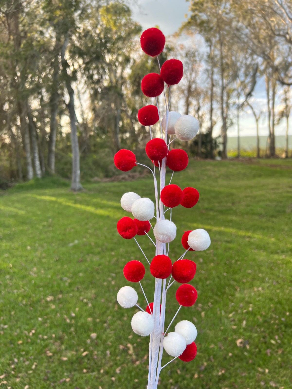 Extra Long 32-inch Red & White Pom Pom Spray – Festive Christmas Tree Decoration