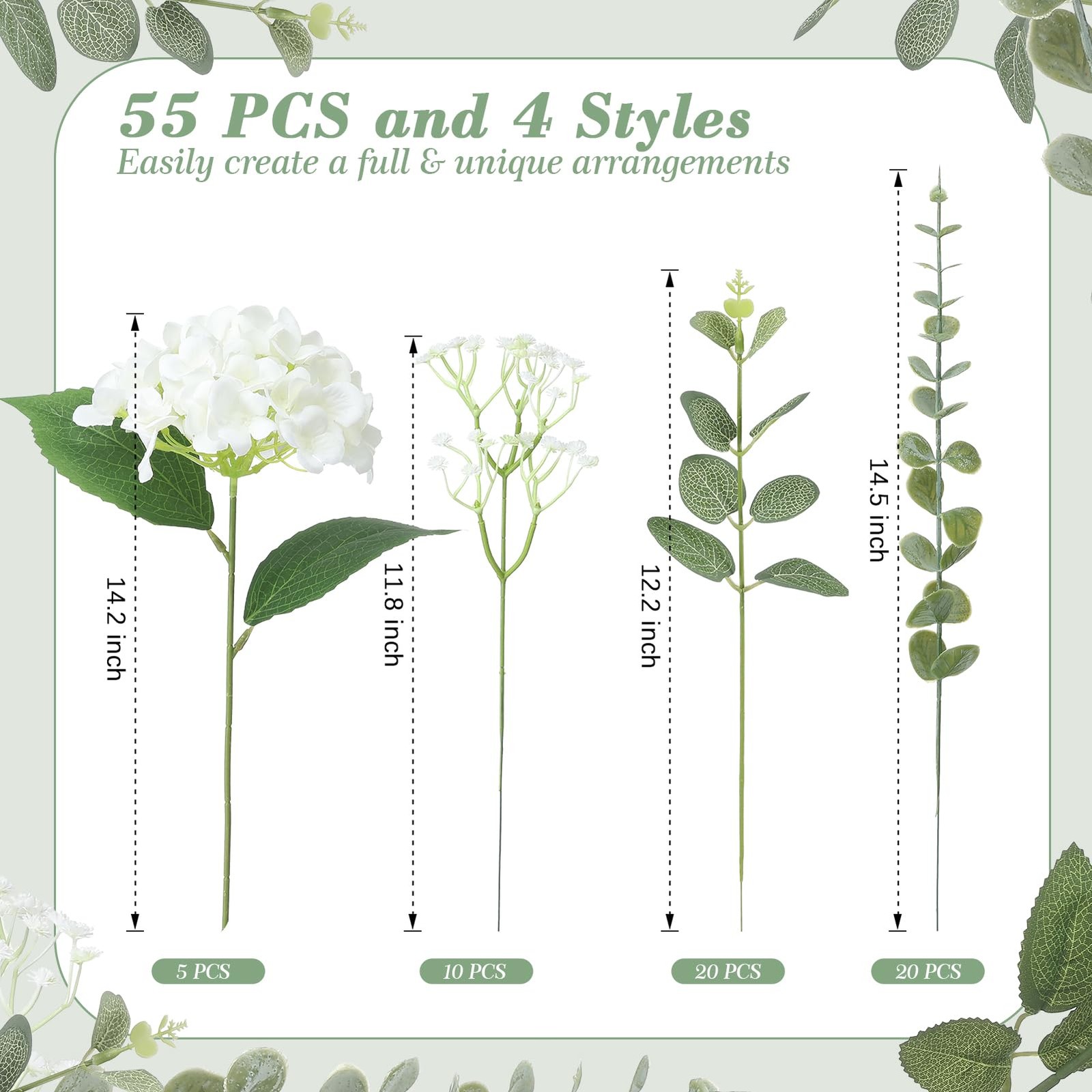 4 Kinds 55PCS Silk Hydrangea Artificial Flowers Eucalyptus Stems, Fake Flower…