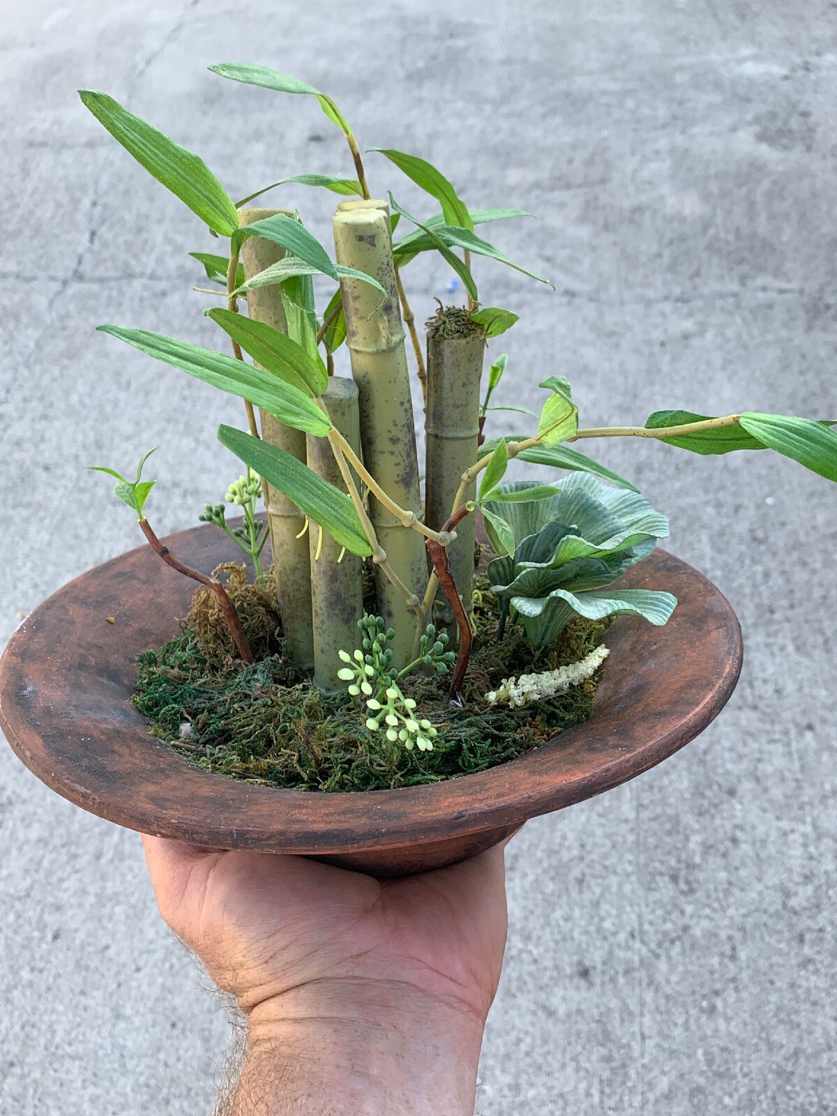 Vintage Rustic Stone Pot & Bamboo Terrarium Table Arrangement Floral 11″ ❤️sj3j