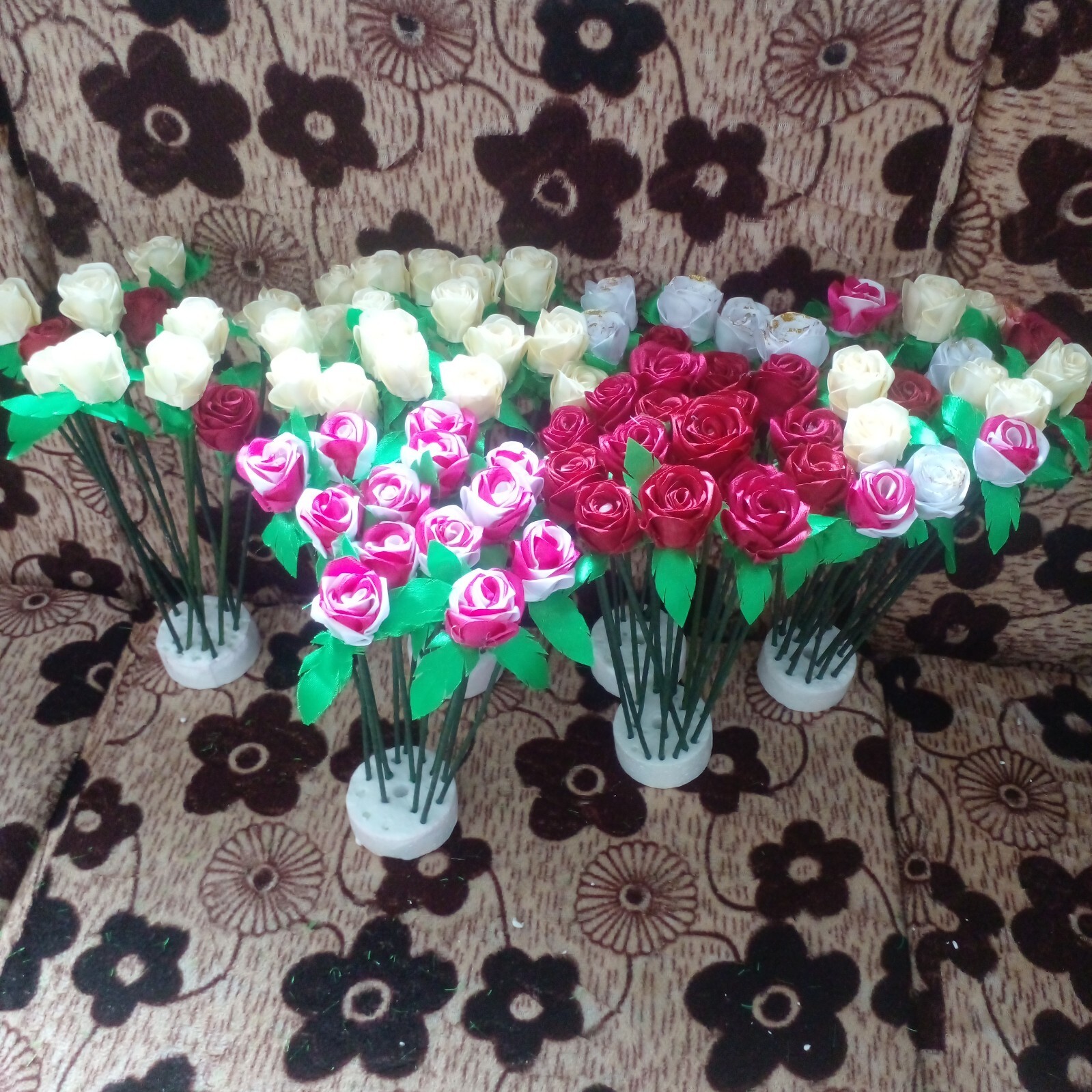 RIBBON ROSE FLOWERS Satin Lot Multicolour DIY Craft Handmade Artificial 5pcs Sti