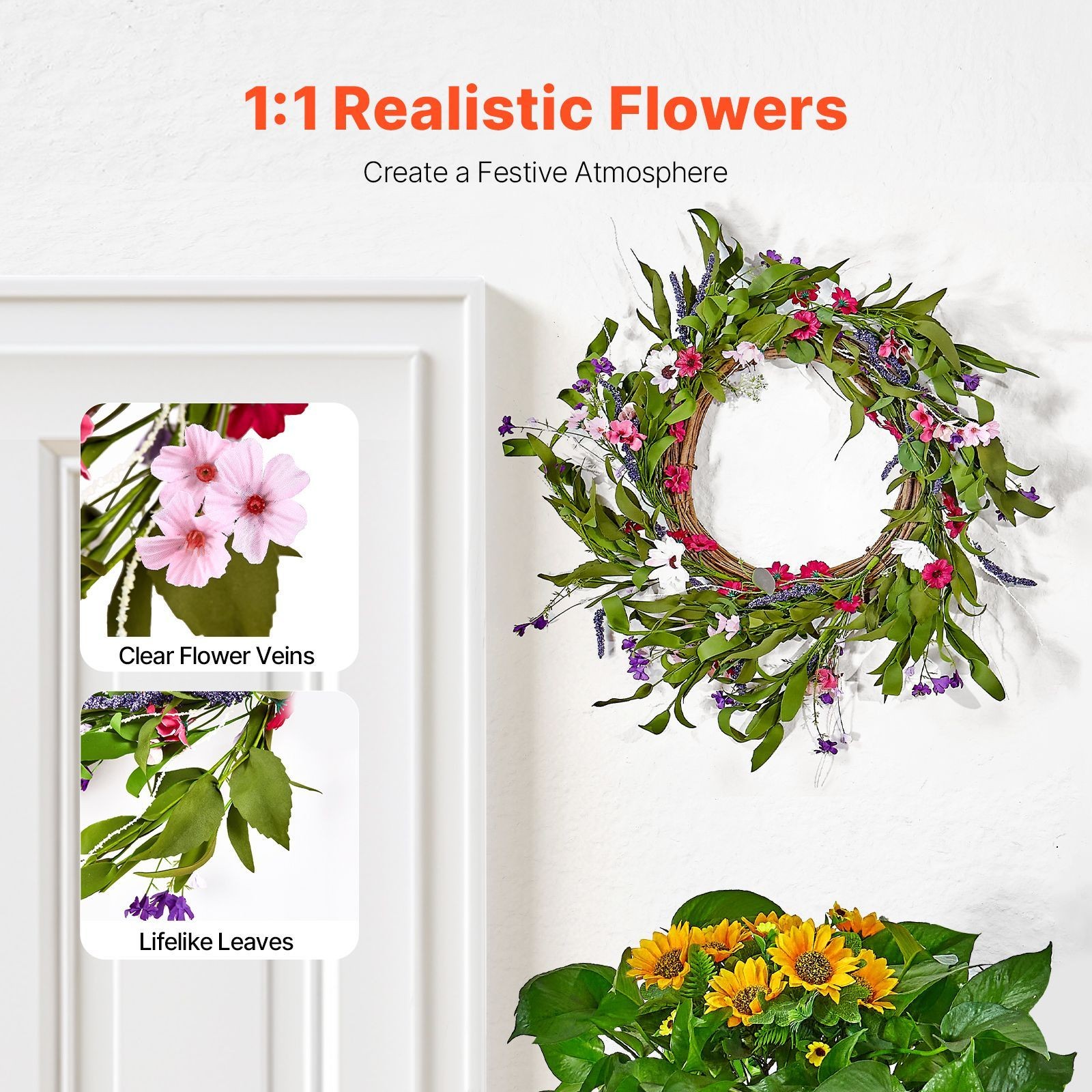 All Season Floral Wreath 22in Artificial Daisy Babysbreath for Home Wall Door