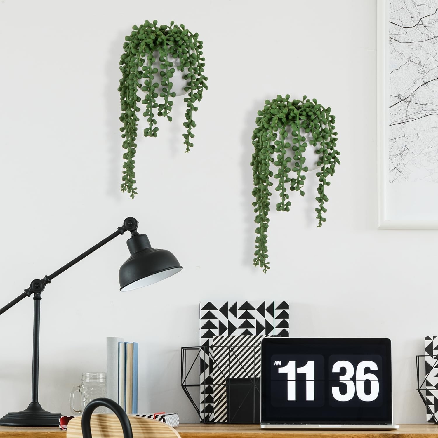 MyGift Artificial String of Pearls Plants in White Ceramic Wall-Hanging Planters