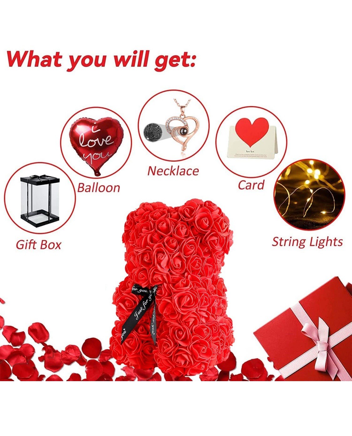 Red Rose Bear Gifts, Flower Bear Rose Teddy Bear with Box Lights Necklace Balloo