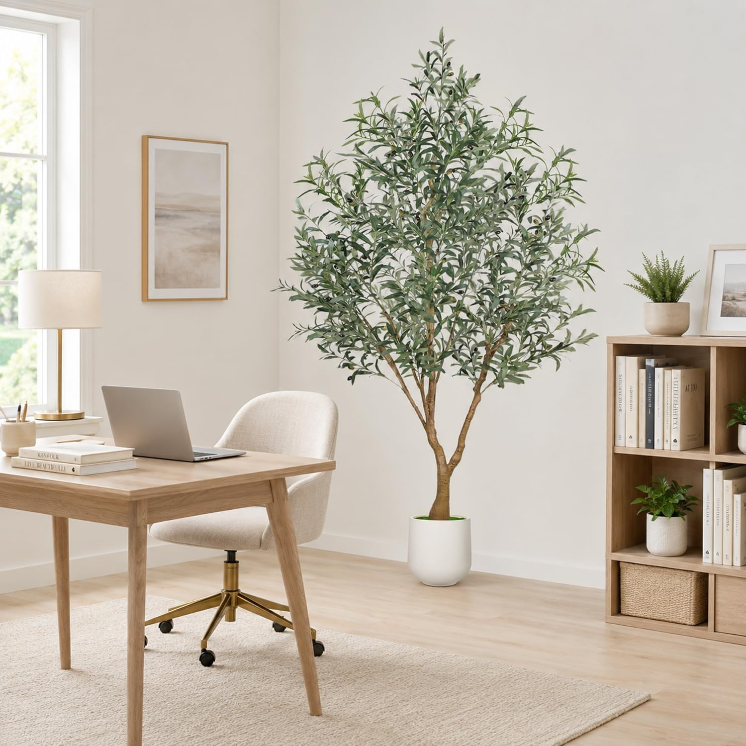 Olive Trees Artificial Indoor, 7FT Tall Faux Olive Tree with White Tall Planter,