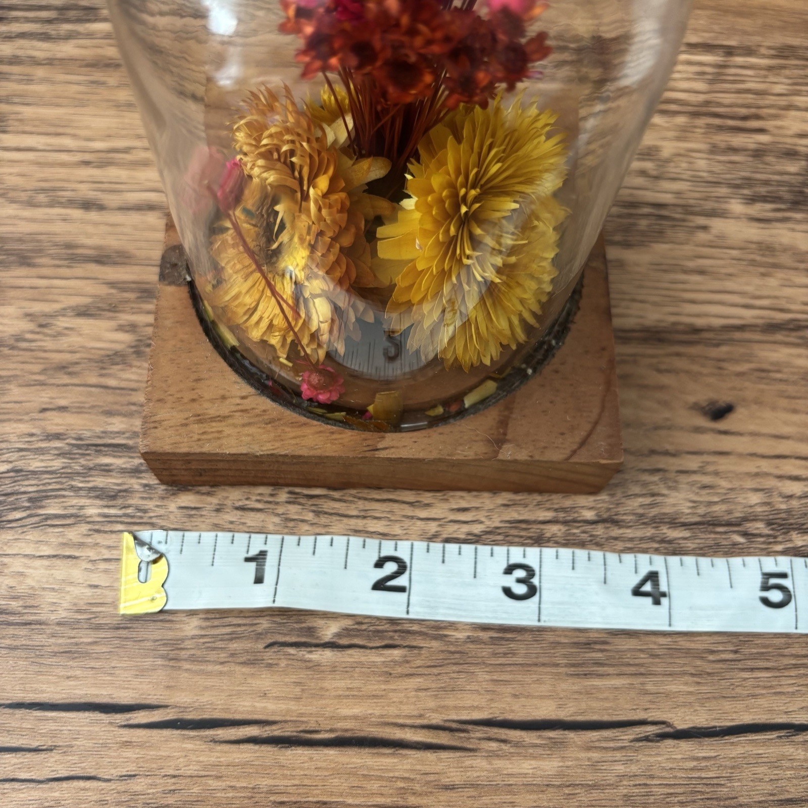 Vintage Dried Flowers Cloche Glass Dome Wood Base Boho Cottage Floral Shelf Deco