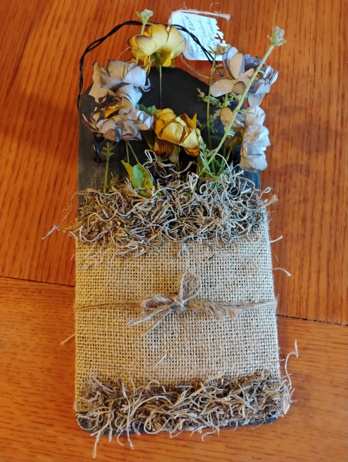 Handmade Artificial Wall Decor, Slate rockBurlap & flowers. Yellow Purple Green