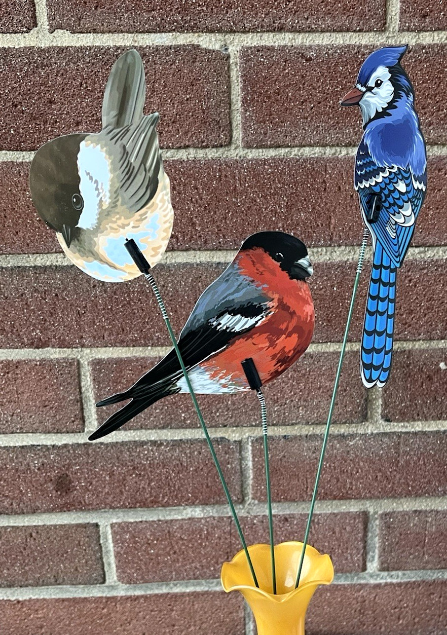 Blue Jay, Red Bird, Chickadee Bird Picks Lot of 3 Plastic Birds on Wire Stems