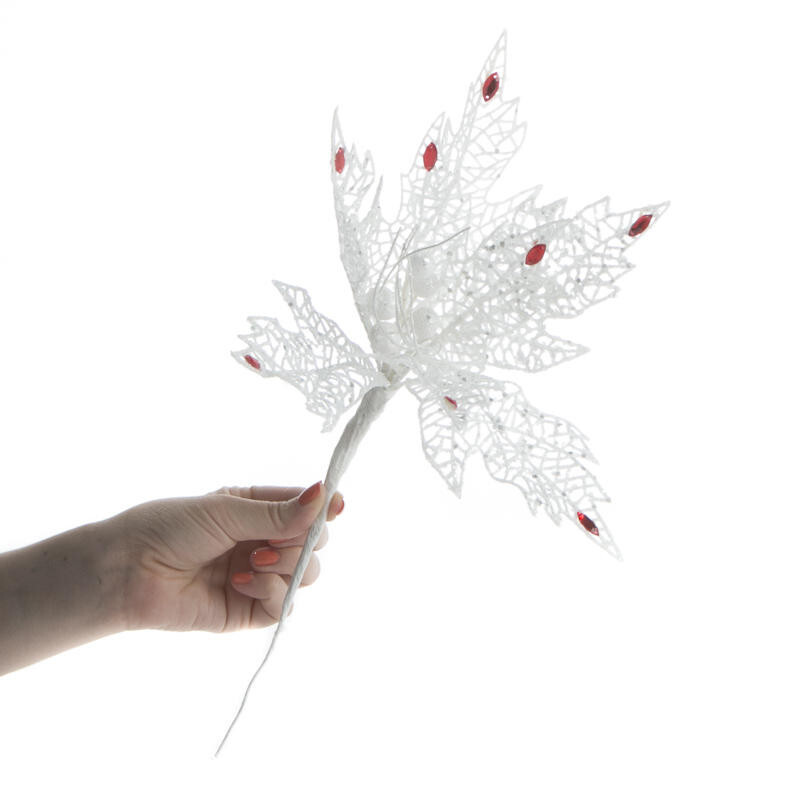 Set of 4 White Sparkling Mesh Poinsettia 14-3/4″ Picks with Red Rhinestones