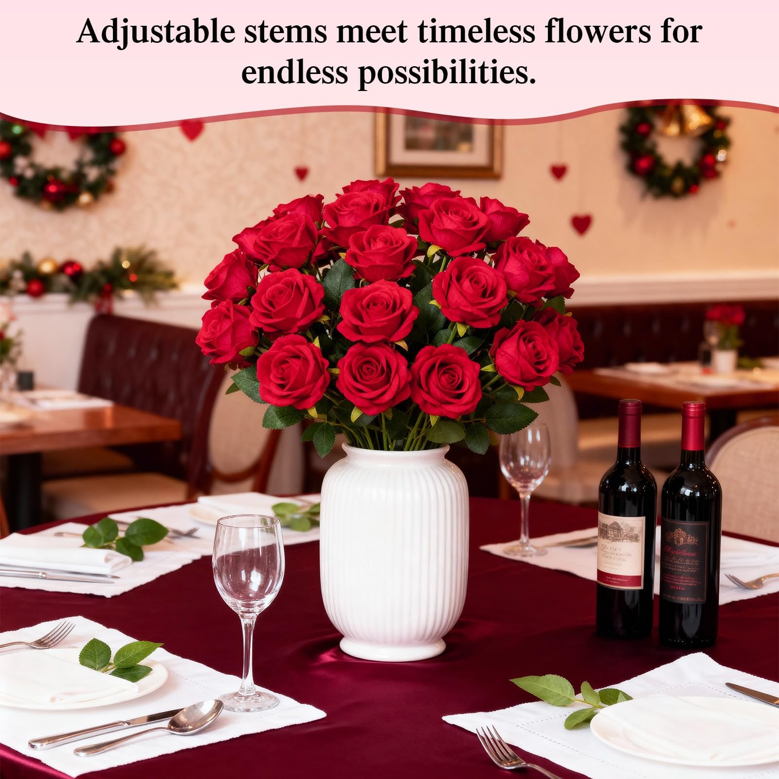 Fake Red Roses Set, 50 PCS Artificial Flowers Bulk, Realistic Silk Faux Rose …