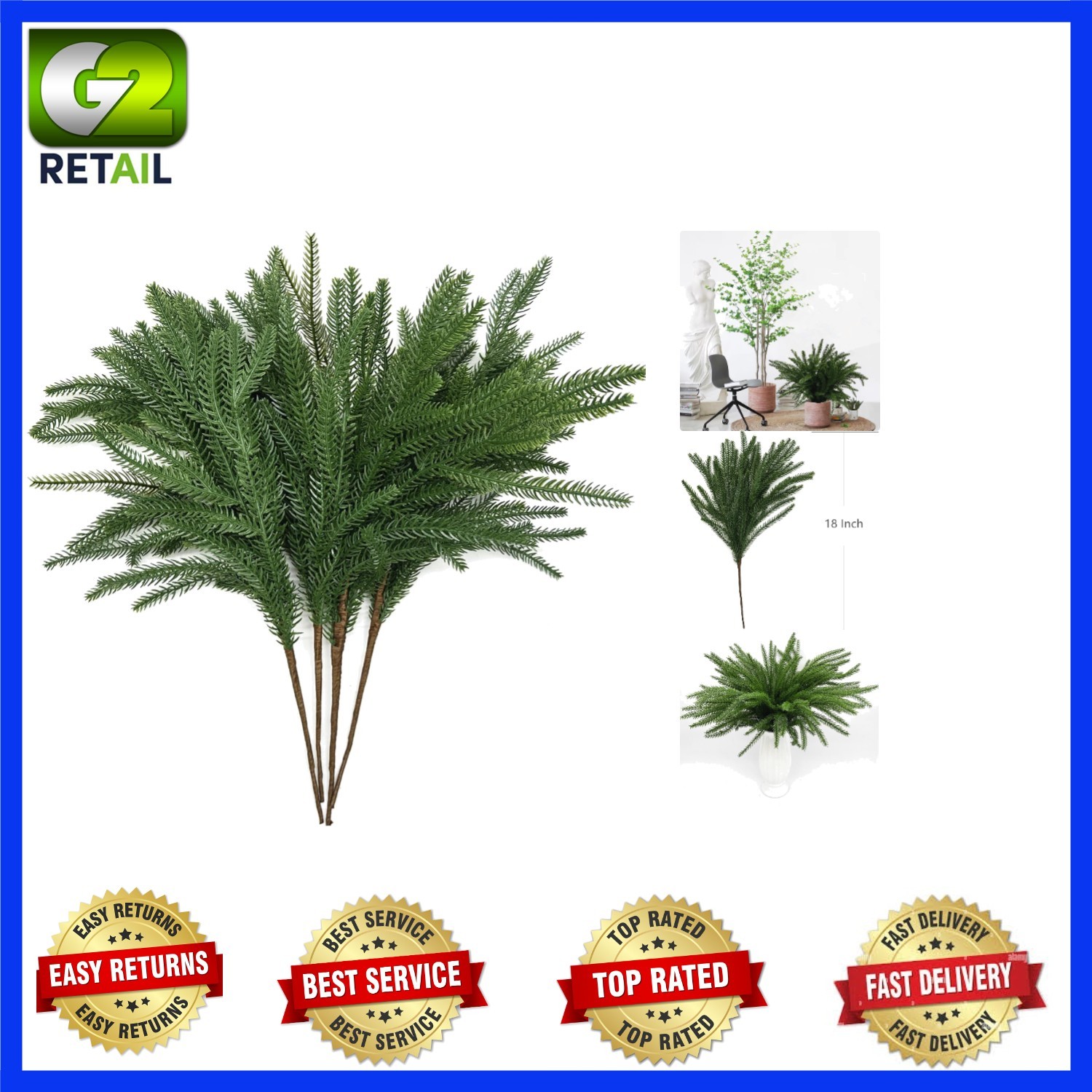 Lifelike Norfolk Pine Stems – 4-Pack 18 Inch Faux Greenery for Home Decor