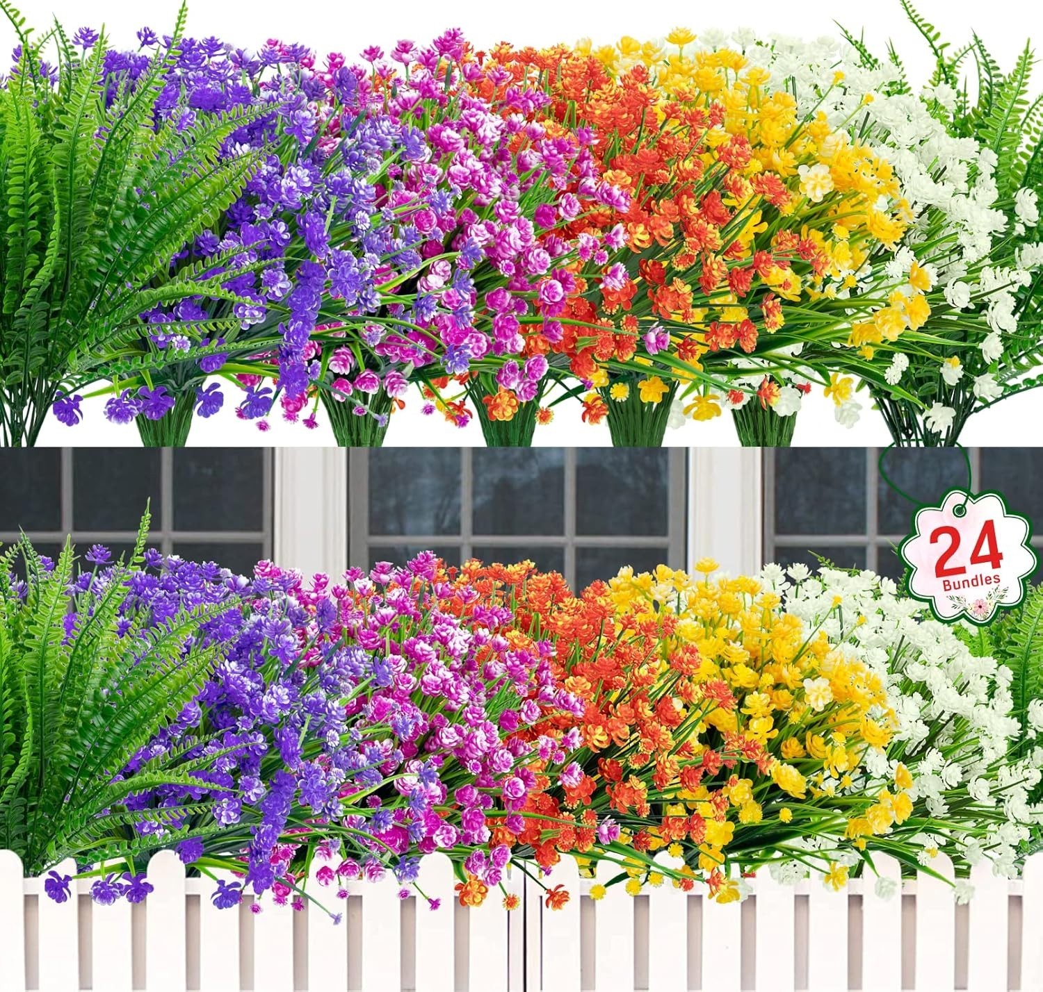 Vibrant 24-Bundle UV Resistant Faux Flowers & Boston Ferns for -Round Beauty
