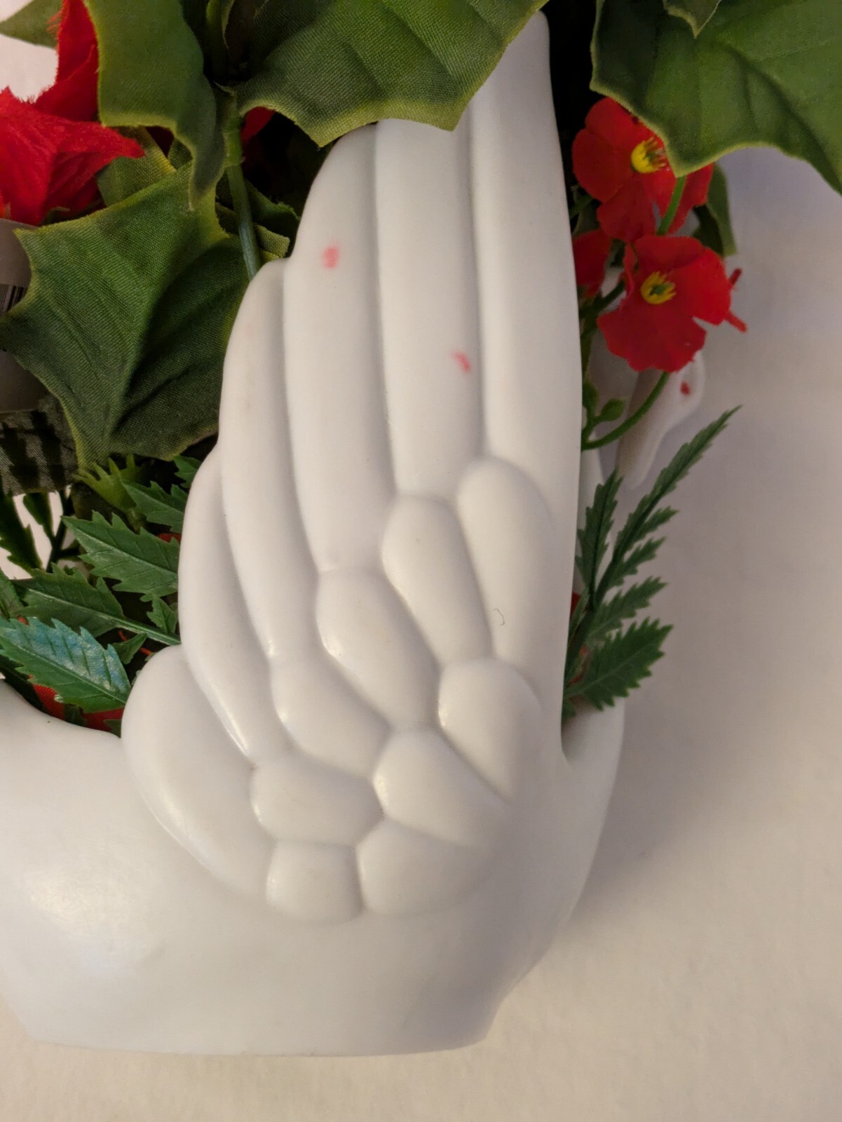 Vintage Artificial Red Flower White Plastic Swan Big Wing Planter Markovitz