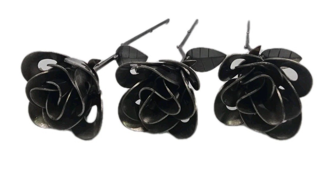 Handmade Metal Rose Sculptures Set of 3 Black Stainless Steel Floral Decor 12 in