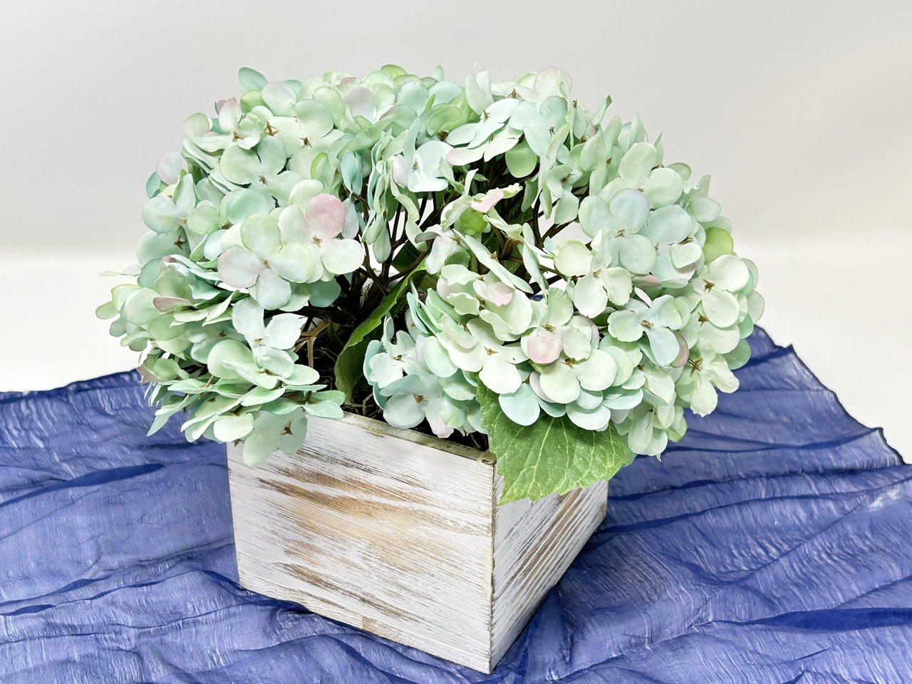 7″ Artificial BLUE-GREEN HYDRANGEA faux Silk flower in white washed box
