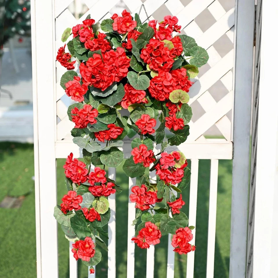 Artificial Fake Geraniums Flowers for Outdoors, 2Pcs UV Resistant Faux Hanging P