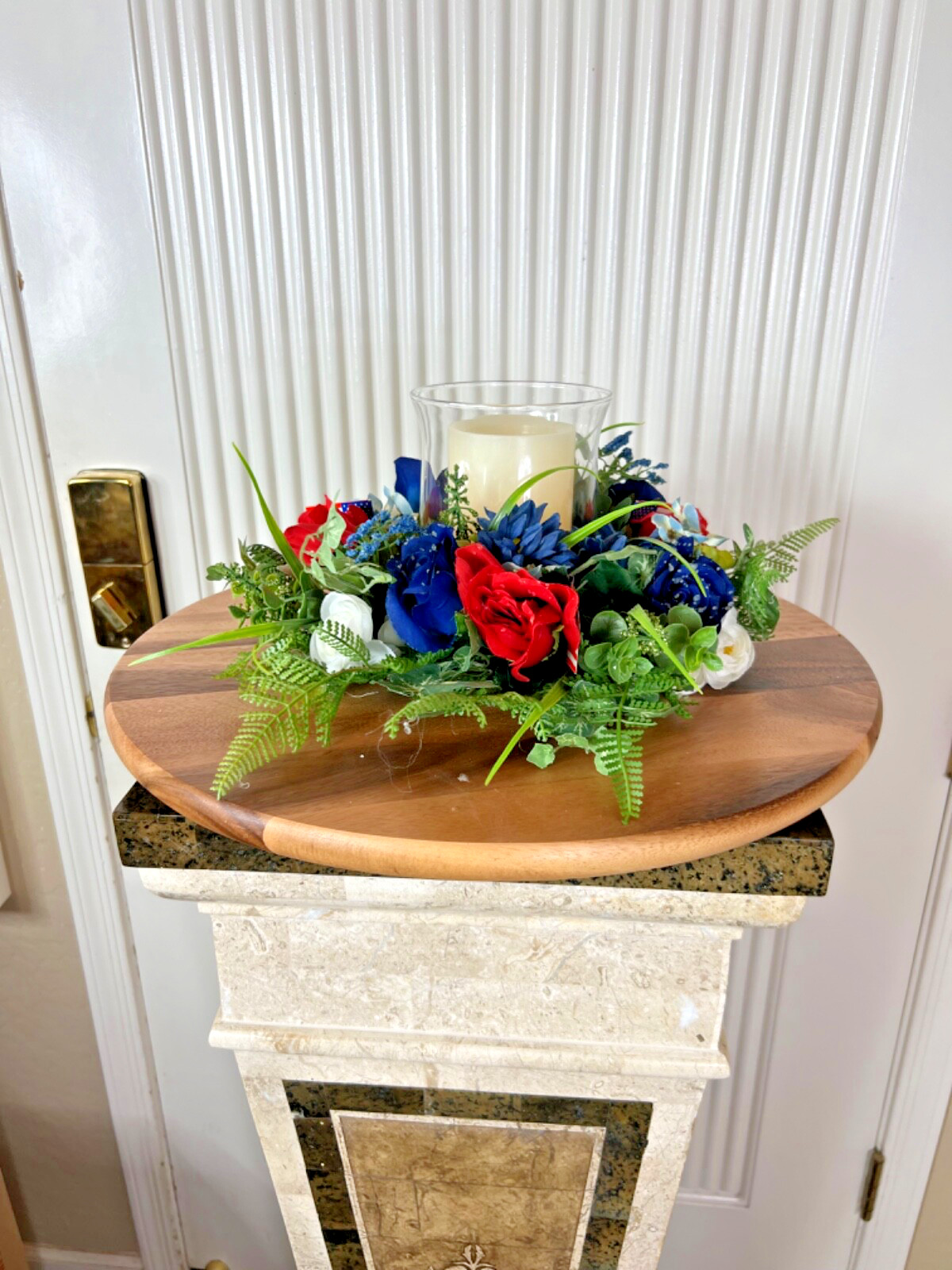 Hand-made New Patriotic Candle Wreath, Red, White, Blue Candle tabletop Decor