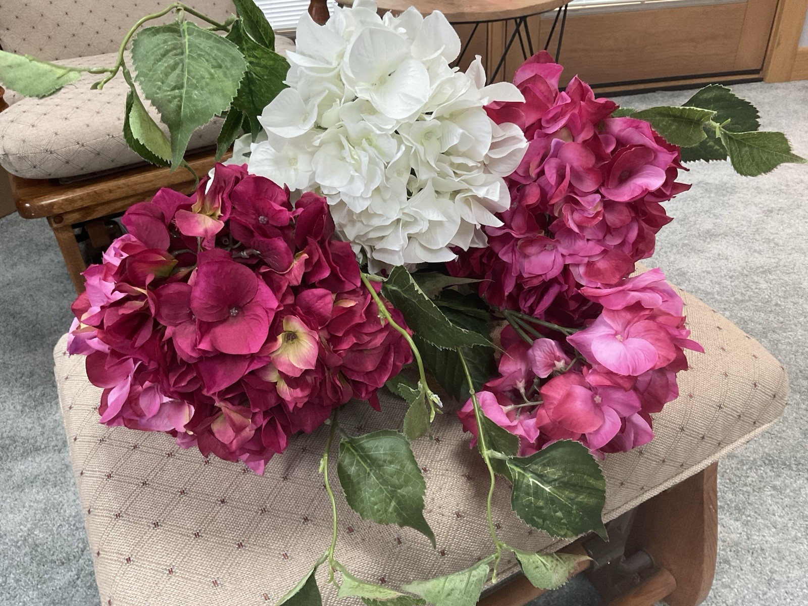 Artificial Hydrangea Spring Flowers ~ Pink & White ~ (5) Stems ~ 34” Long