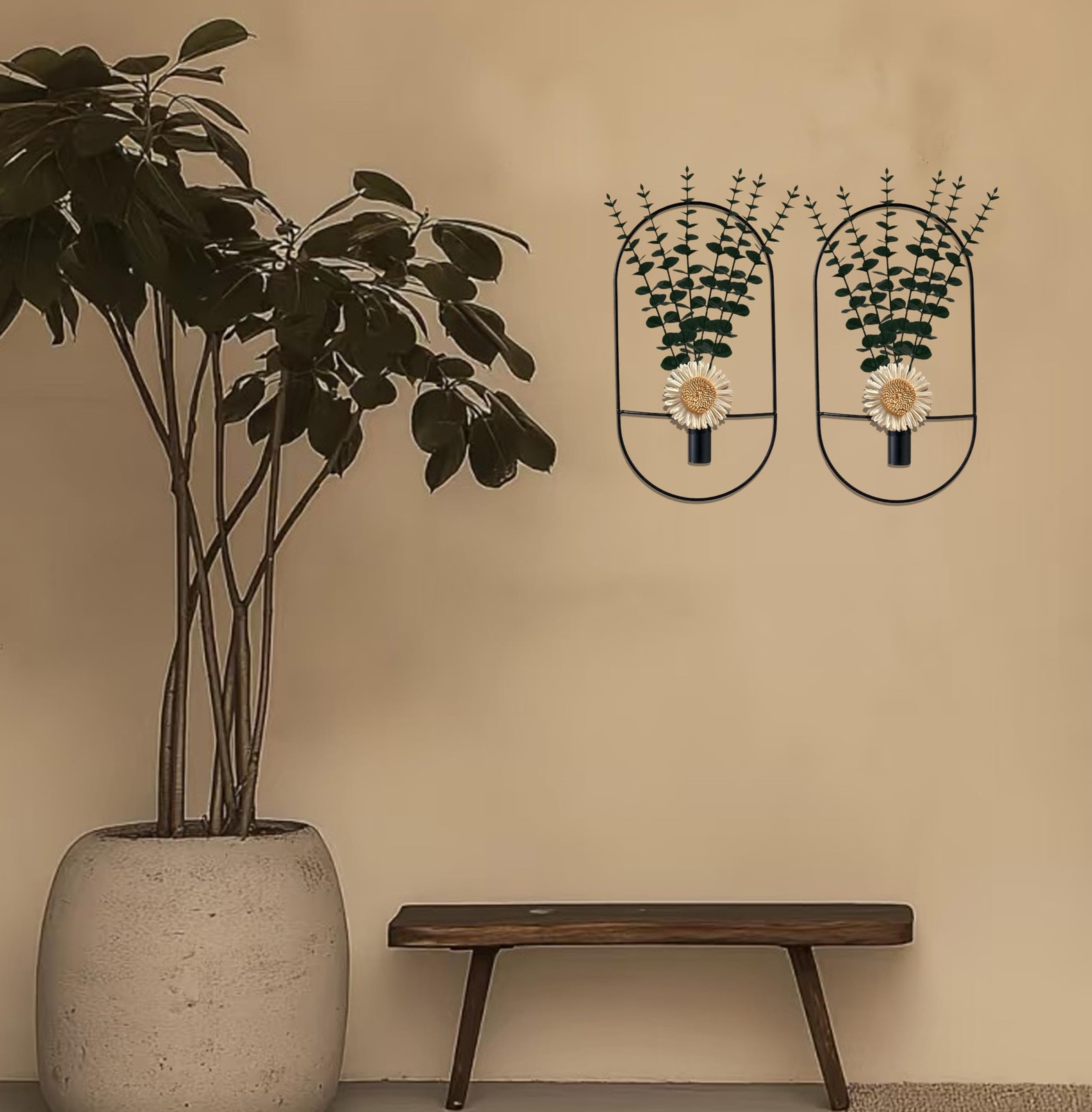 2 Pack Black Metal Wall Hanging Vase with Artificial Plants, Metal Plants Dec…