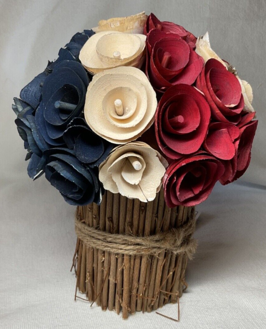 Martha Stewart WOOD FLORAL BOUQUET RED WHITE BLUE 8 INCHES TALL NWT