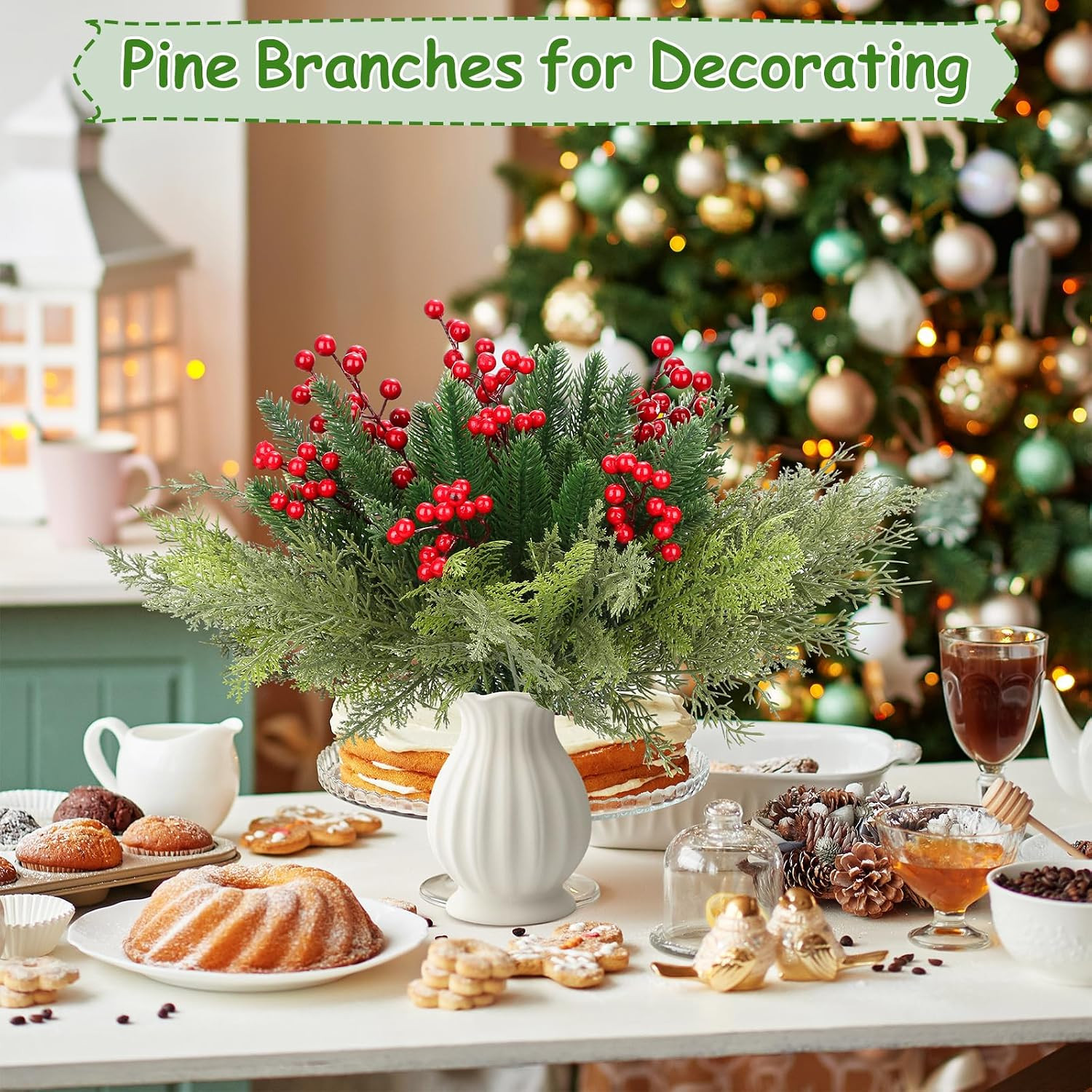 70 PCS Artificial Pine Branches with Berries, Christmas Greenery Fake Pine Needl