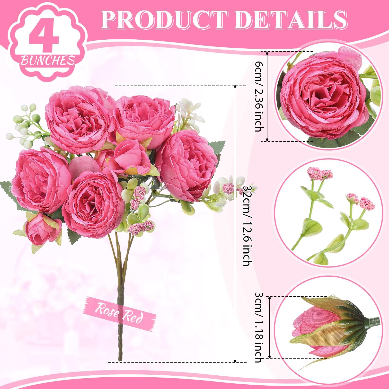 4 PCS Hot Pink Peonies Artificial Faux Flowers Wedding Bridal Bouquet Decor