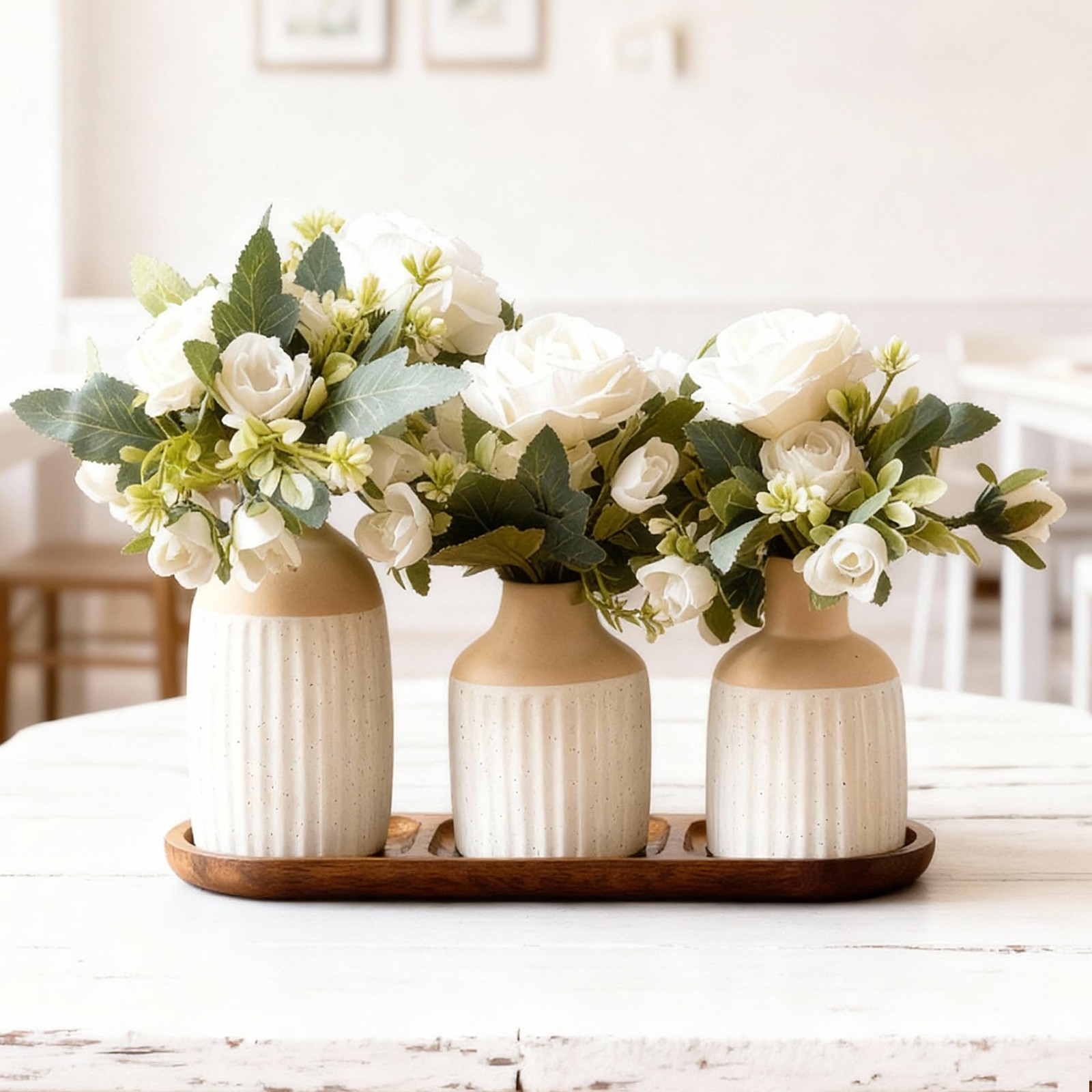 Artificial Flowers Ceramic Vases Wood Tray Farmhouse Dining Table Centerpiece