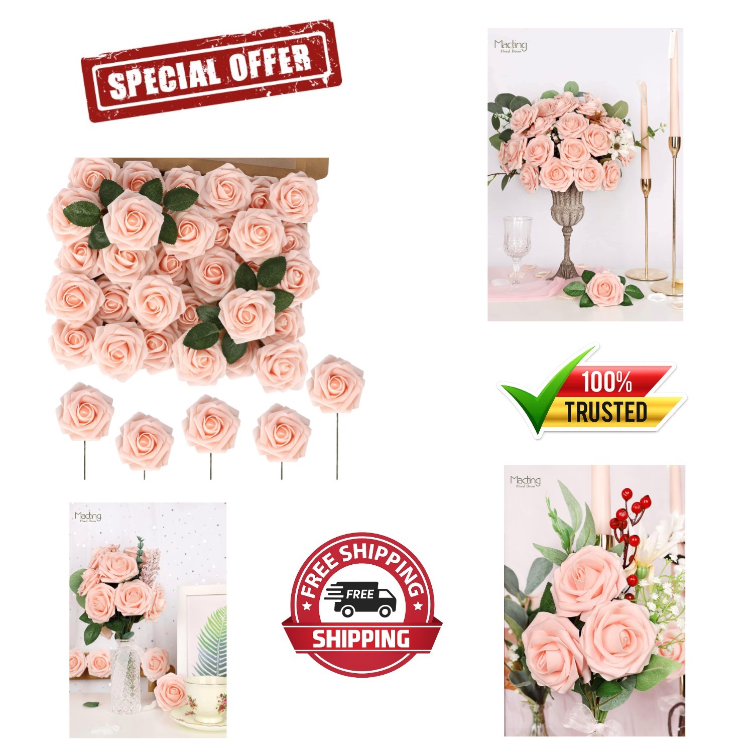 Versatile 60PCS Real Touch Blush Roses – Perfect for DIY Bouquets and Events