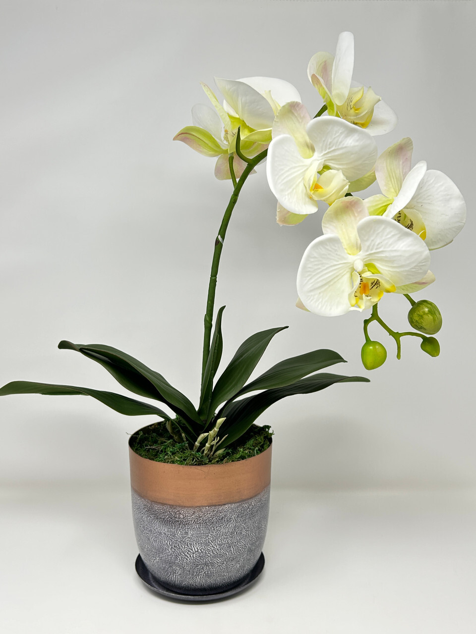 17″ Lg WHITE Phalaenopsis ORCHID silk flower plant, 5″ Copper Metal Planter