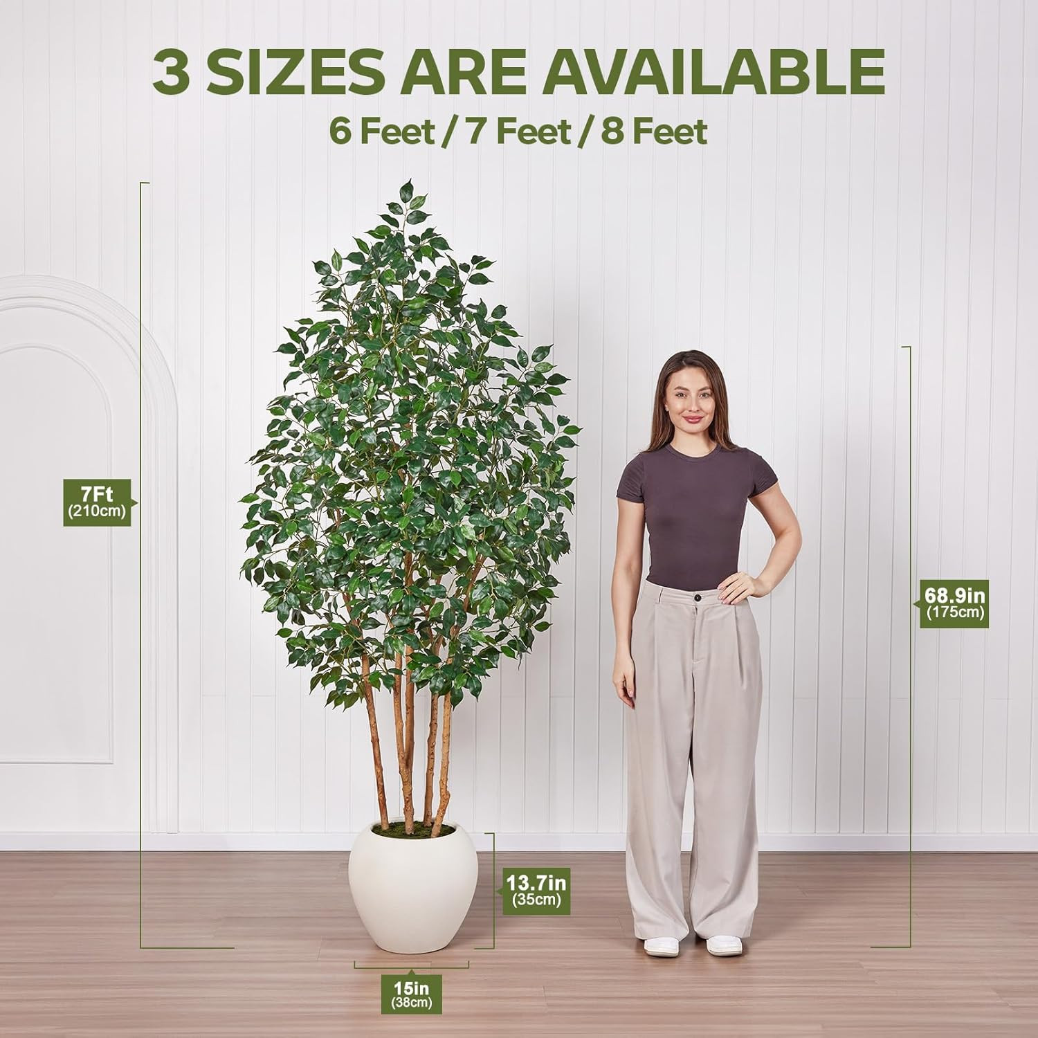 7Ft Ficus Tree – Realistic Faux Plant with White Planter for Home & Office Decor