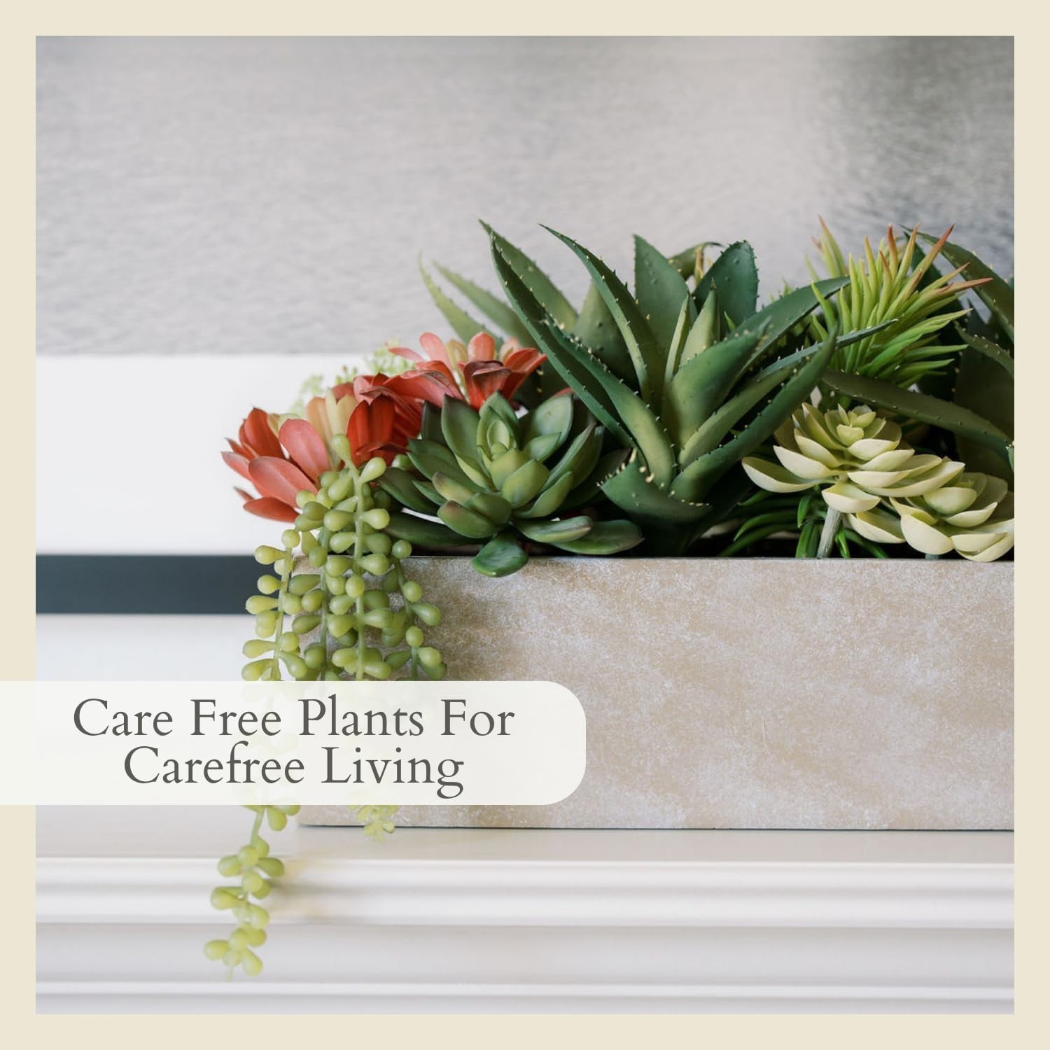 Oblong Faux Succulent Arrangement, 27″ Premium Artificial Indoor Plant, Khaki