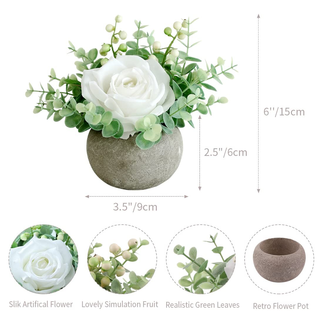 Small Artificial White Rose Potted Plant 6 Inch Fake Silk Flower 3.5 Inch Pot