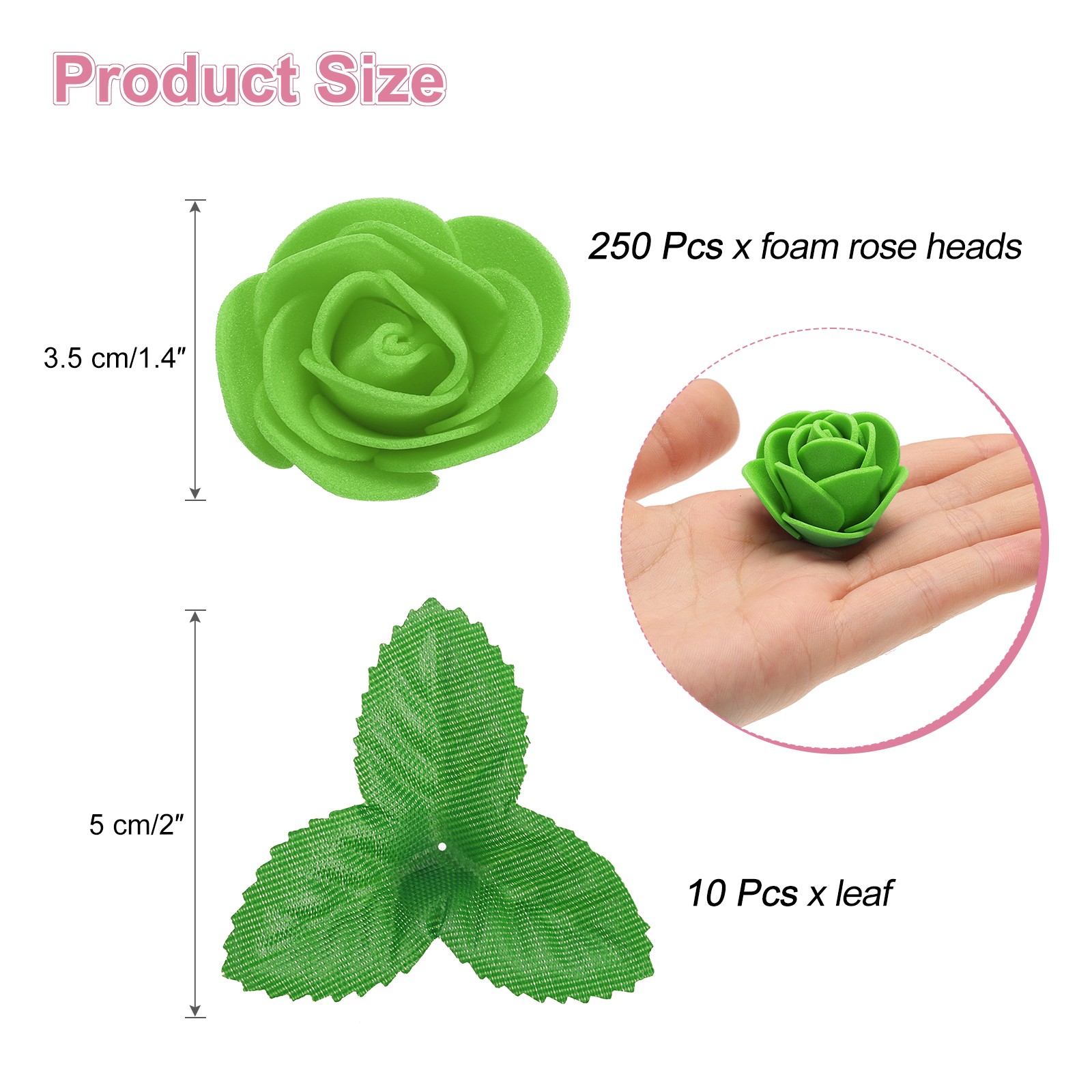 250pcs Foam Rose Heads 1.4 Inch with 10pcs Leaves for DIY Crafts , Green