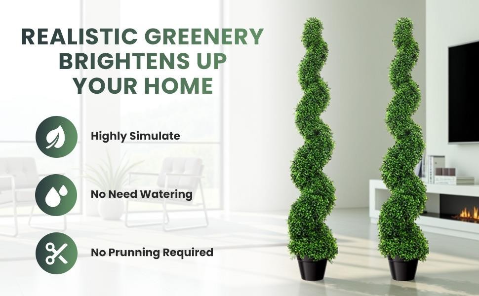 2PCS 5FT Artificial Boxwood Spiral Topiary Trees Rust-Resistant Faux Green Plan