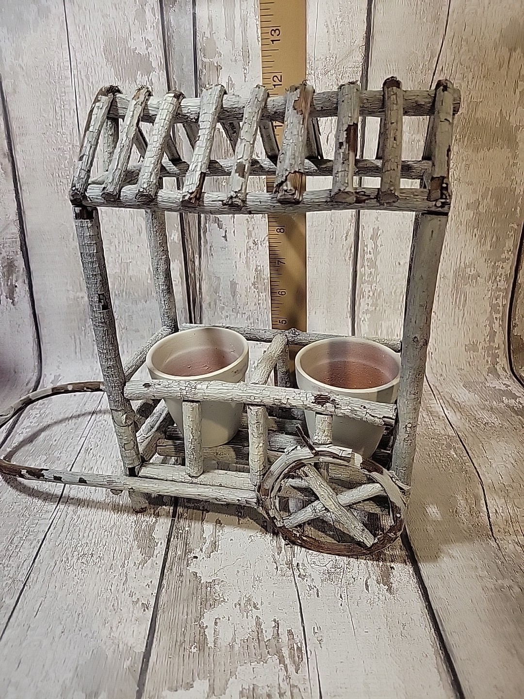 12″ Wood Twig Built Wheel Barrel Planter Flower Pot Decor Farmhouse Rustic