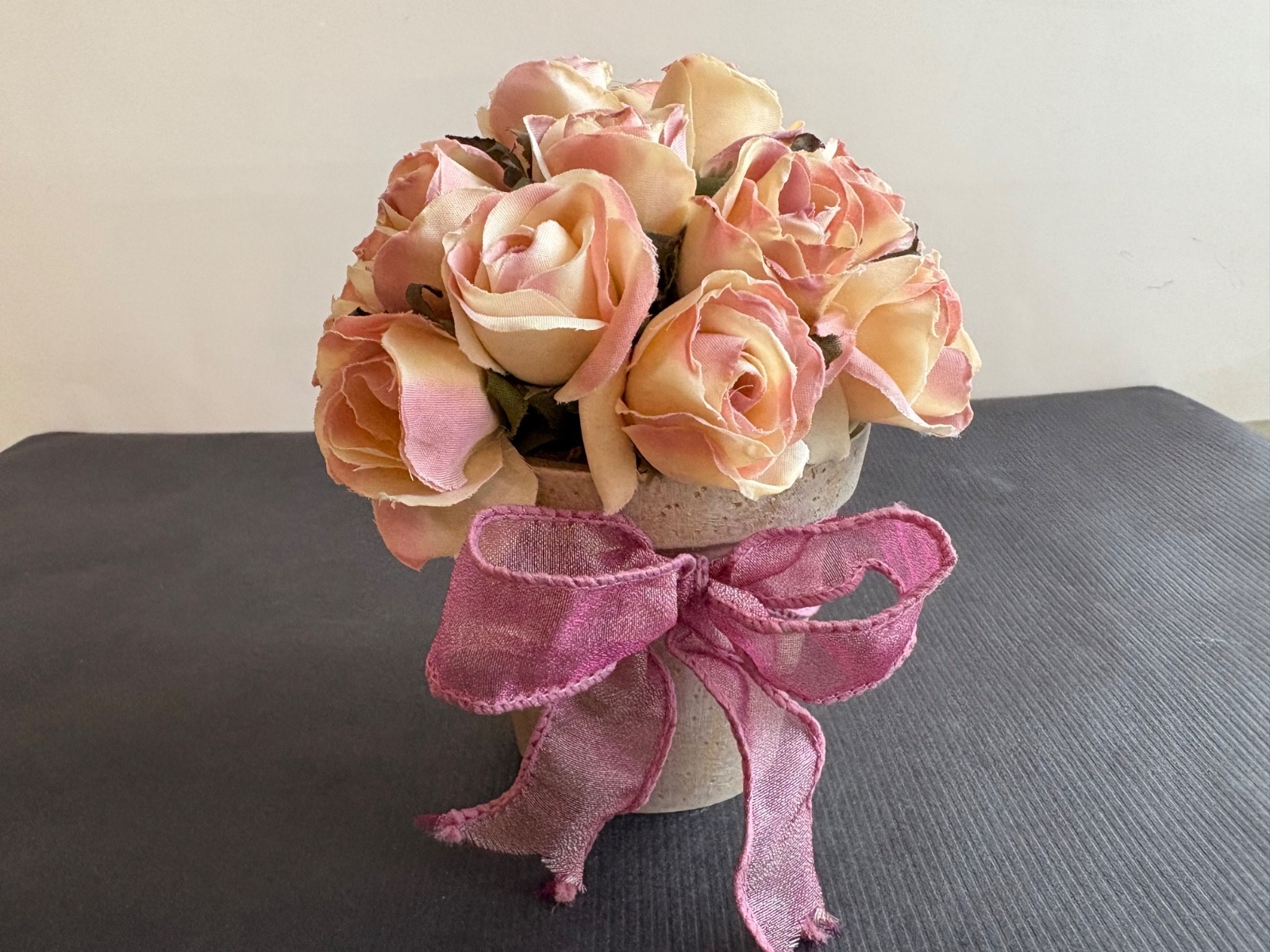 SET of 2 VICTORIAN FAUX ROSES w/ RIBBON BOW 5 1/2″ H x 5 1/2″ W-CREAM & PINK
