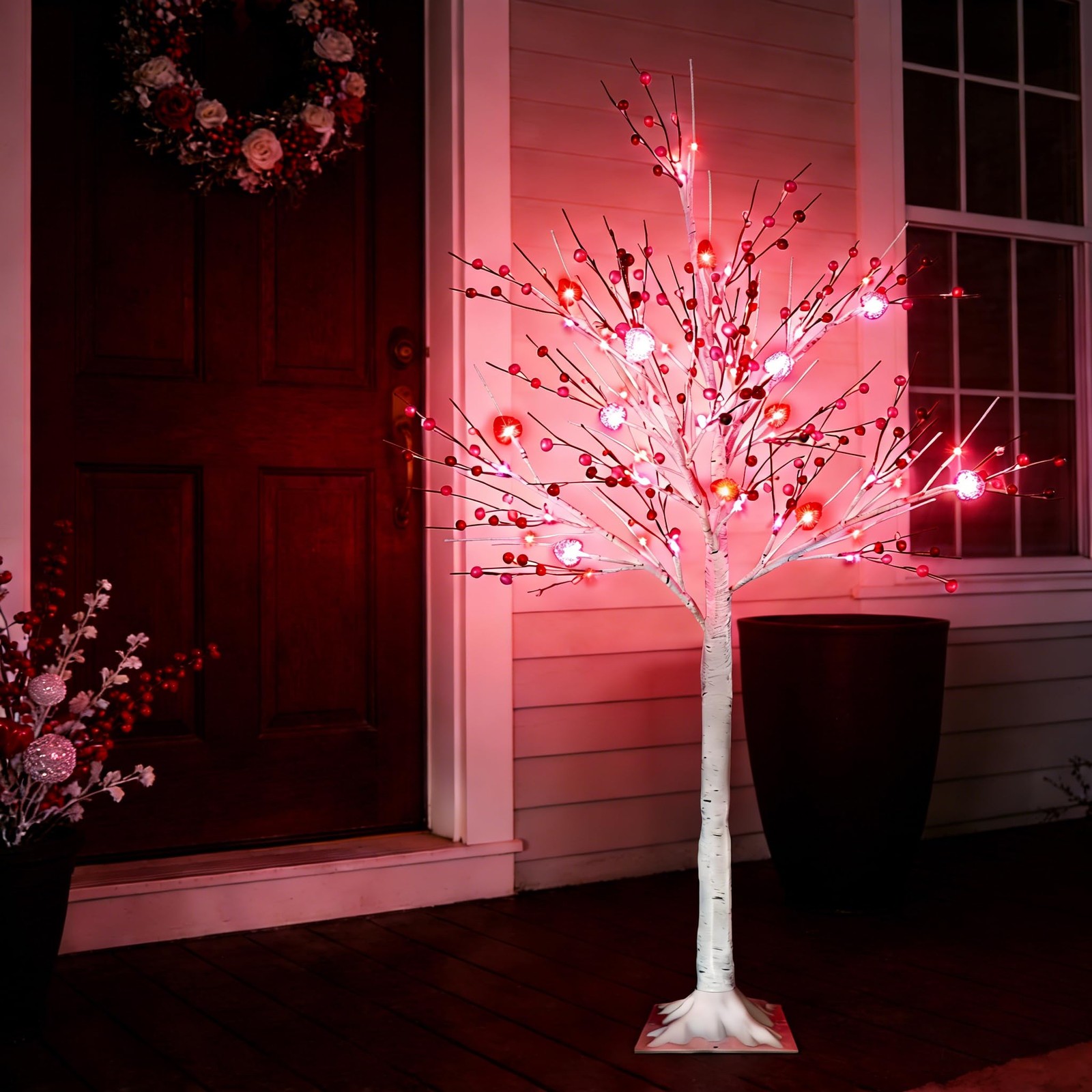 2 PCS 4 FT Lighted Birch Tree 48 LED Heart Berry Ornaments Red Pink Lights