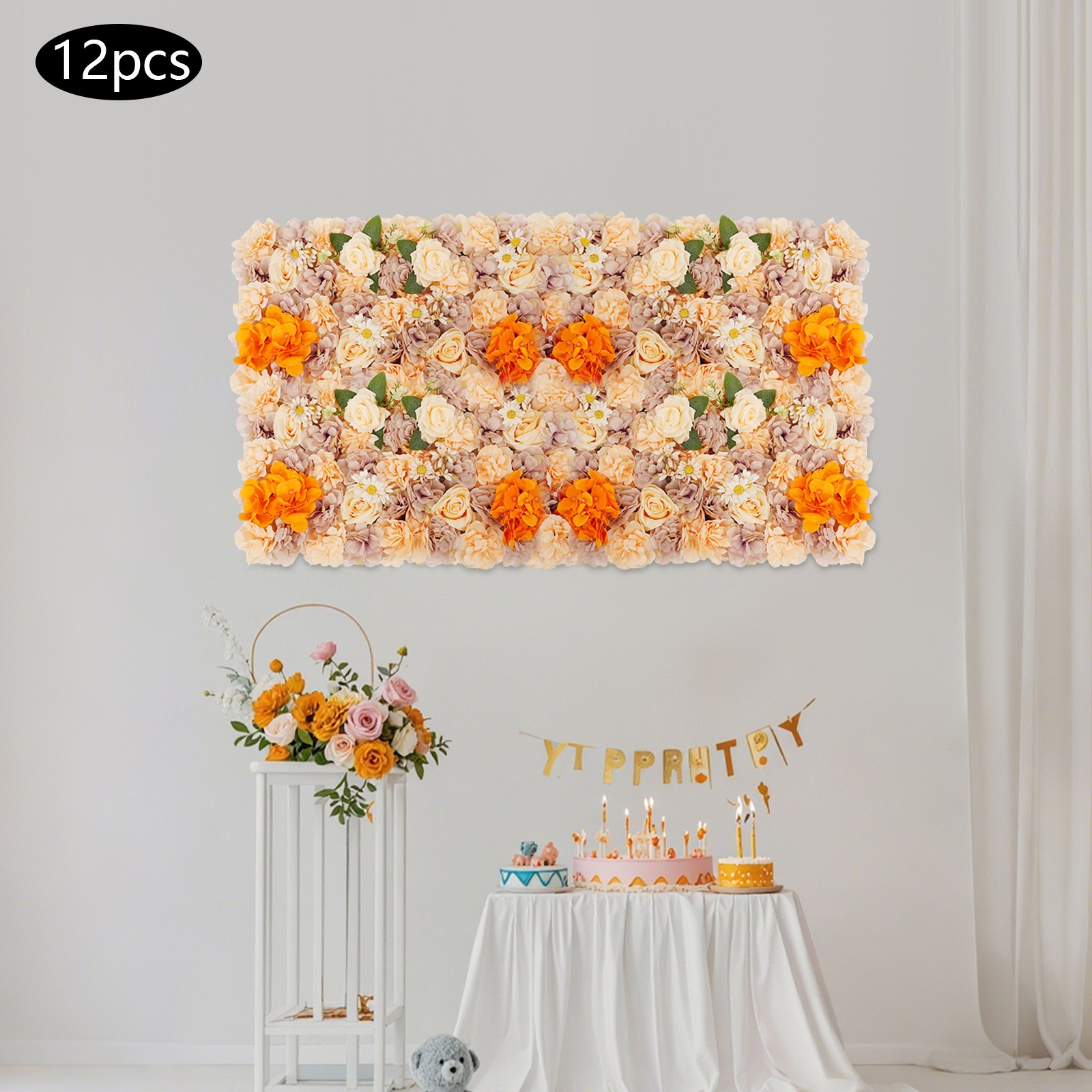 12Pcs 11.81*11.81in Artificial Flower Wall Panels, Wedding Party Backdrop Decor